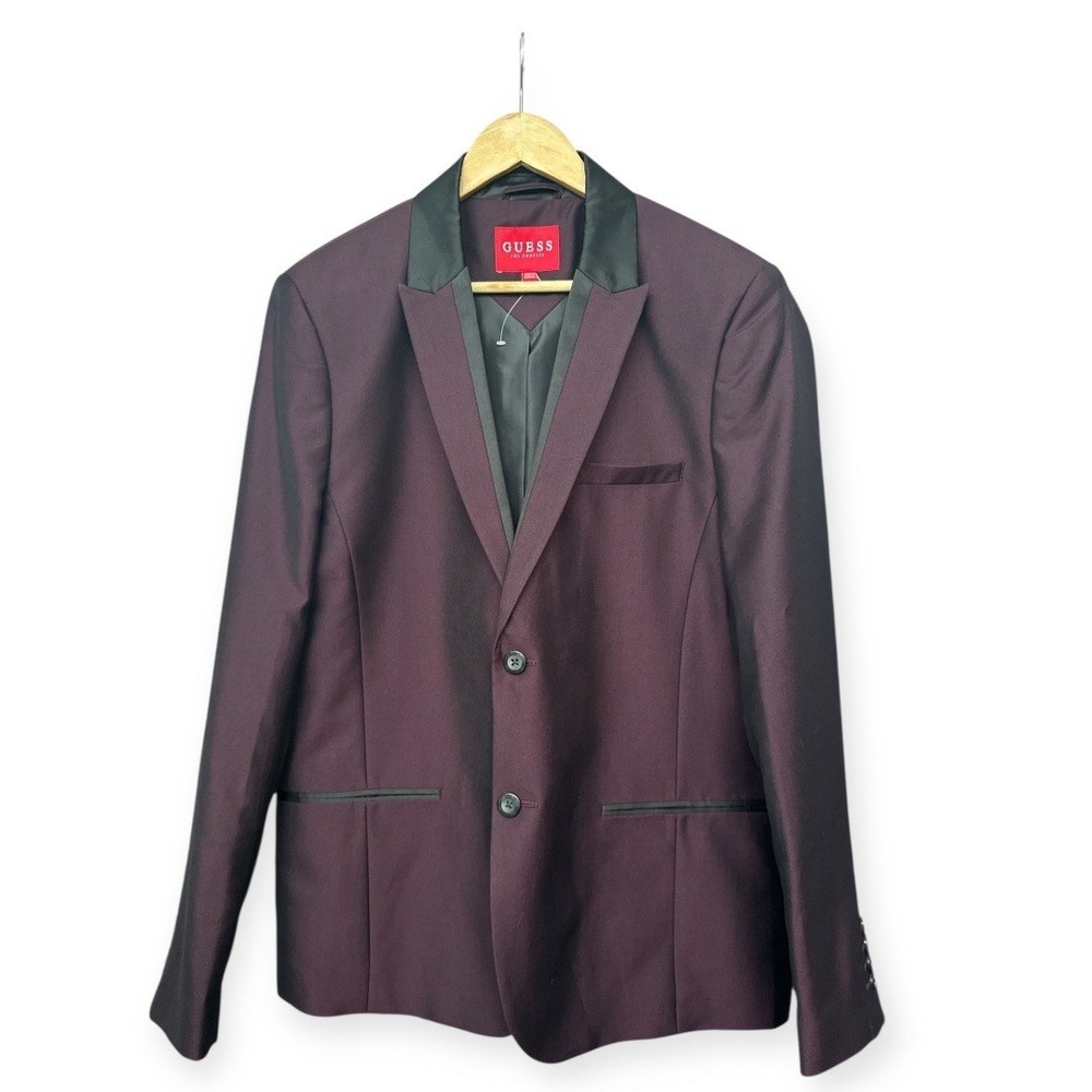 Men's GUESS Formal Blazer‎ Jacket Burgundy Black Shawl Collar Slim Fit Size L